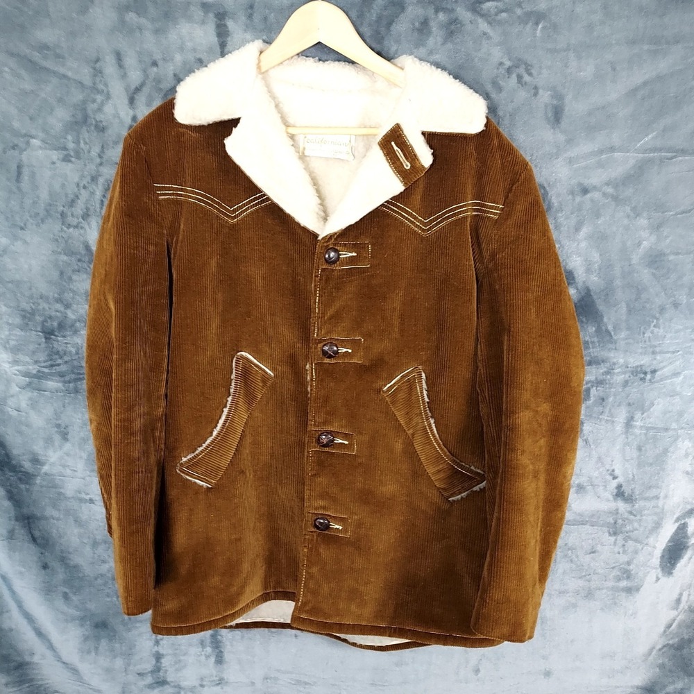 Vtg 70s Californian Jacket Western Mens 38 Brown Corduroy Sherpa Lined Coat